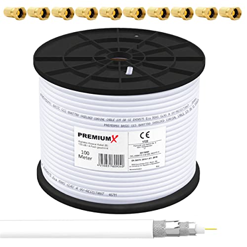 Premiumx Basic Cavo Coassiale Da 100M - Ricezione Perfetta Con Schermatura In Alluminio Quadrupla 135Db - Compatibile Con Dvb-S / S2, Dvb-C, Dvb-T, Bk