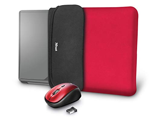 Trust Yvo Set 2-In-1: Custodia Laptop Reversibile E Mouse Wireless, Rosso