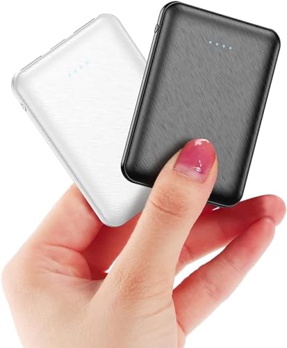 [2 Pezzi] Mini Power Bank Piccola Ma Forte Batteria Esterna 5000 Mah, Power Bank Portatile, Con Cavo, Batteria Esterna Leggera (Bianco E Nero)