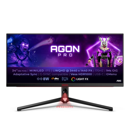 Aoc Agon Pro Ag344Uxm - Monitor Gaming Da 34 Pollici Wqhd, 170 Hz, 1 Ms, G-Sync, Freesync Premium, Hdr1000 (3440X1440, Hdmi 2.1, Displayport, Usb-C, U