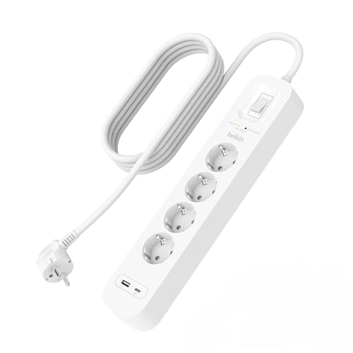 Belkin Multipresa Montabile A Parete Con 4 Prese Ca Protette, Cavo Di Alimentazione Da 2 M, Led Di Stato, Porte Usb-C E Usb-A, Ricarica Rapida Usb-C P