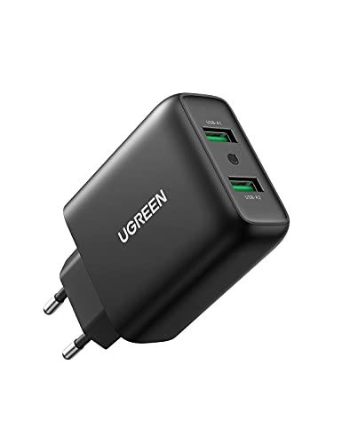 Ugreen 18W+18W Caricatore Quick Charge 3.0, Caricabatterie Usb 2 Porte Da Muro Ricarica Veloce Compatibile Con Iphone 14 13 12 Se 2022, Ipad, Galaxy A