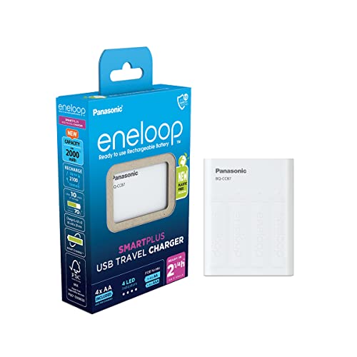 Panasonic Eneloop Caricabatterie Smartplus Usb Travel, Per 1-4 Batterie Aa/Aaa Ni-Mh, Uscita Usb E 10 Funzioni Di Sicurezza, Incl. 4 Aa, Capacità Aume