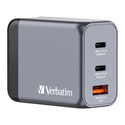 Verbatim Gan Charger 65 W 3 Porte Usb-C Caricabatterie Power Adapter Con 2 X Usb-C E 1 X Usb-A, Caricatore Rapido Multipresa Per Apple Macbook, Notebo