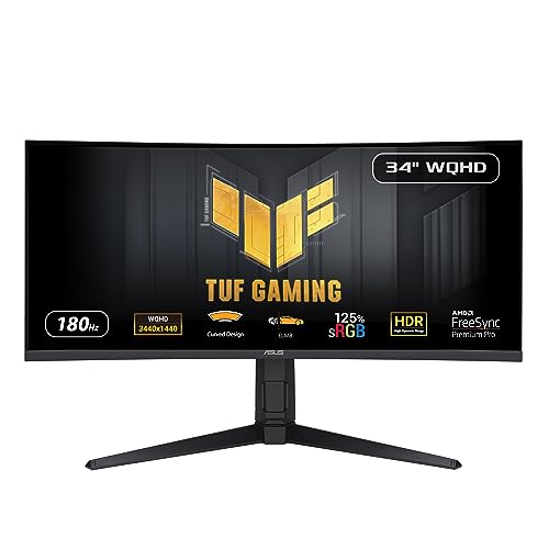 Asus Tuf Gaming Vg34Vql3A Monitor Gaming Curvo 34” Pollici Wqhd (3440 X 1440), 180Hz, 1500R, Extreme Low Motion Blur, Freesync Premium Pro, 1Ms (Gtg),