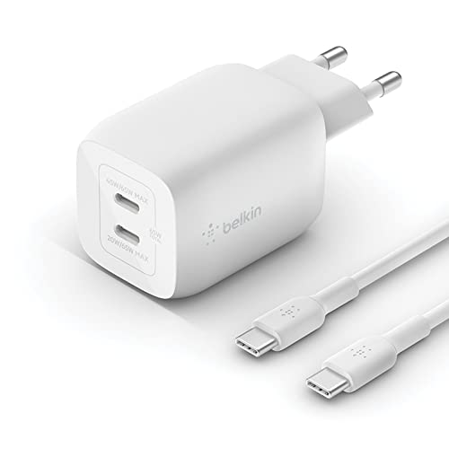 Belkin Doppio Caricabatteria Da Parete Usb-C Da 65 W, Cavo Usb-C/C Incluso, Ricarica Rapida Pd 3.0, Caricatore Usb C Con Tecnologia Gan Per Iphone 15,