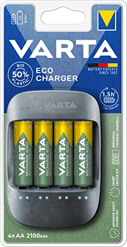 Varta Caricabatterie Ricaricabili 57680101451, Realizzato Con 50% Di Materiale Bioplastico, 4 Batterie Stilo Aa Da 2100 Mah Incluse