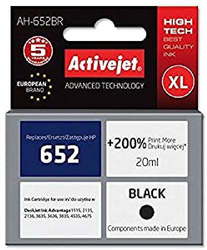 Activejet Ah-652Br Ink For Hp Printer; Hp 652 F6V25Ae Replacement; Premium; 20 Ml; Black