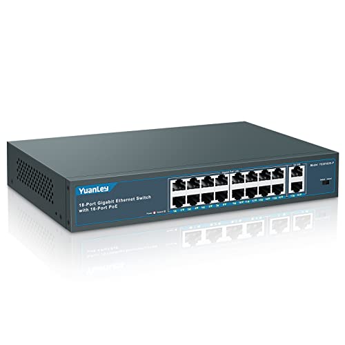 Yuanley 18 Porte Gigabit Poe Switch, 16 Porte Poe+ 1000 Mbps, 2 Gigabit Uplink, 250W 802.3Af/At, Desktop Metallo/Montaggio Su Rack, Switch Di Rete Plu