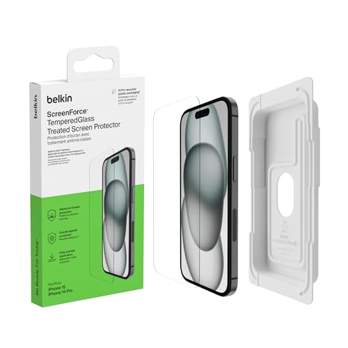 Belkin Screenforce Temperedglass Proteggi Schermo Antimicrobico, Pellicola Protettiva, Vetro Temprato Per Iphone 15/14 Pro, Trasparente, Antigraffio,