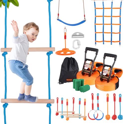 Vevor Ninja Kit Per Bambini Slackline Da Arrampicata Percorso A Ostacoli 2X17 M Carico 226,8 Kg 12 Ostacoli Attrezzatura Da Gioco All'Aperto Con Rete