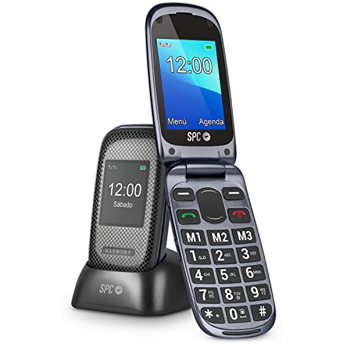 Spc Harmony - Telefono Cellulare Con Chiusura Per Anziani Con Numeri E Lettere Grandi, Doppio Schermo, Pulsante Sos, 3 Memorie Dirette, Base Di Carica