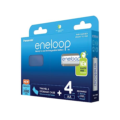 Panasonic Eneloop, Aa/Mignon Batterie Ricaricabili, Ready-To-Use, Confezione 4 Con Custodia Blu