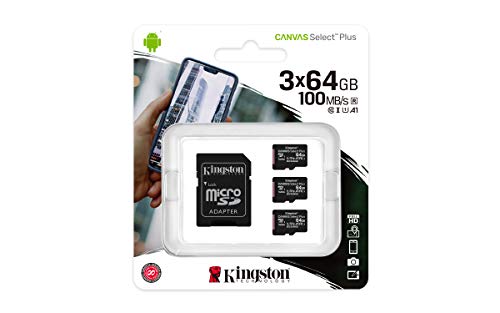 Kingston Canvas Select Plus Sdcs2/64Gb-3P1A Scheda Microsd Classe 10, Multipack Con 3 Schede, Adattatore Sd Incluso, 64 Gb