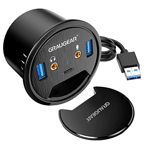Graugear Hub Da Tavolo Usb 3.0 | 3 Porte | 1 X Usb-C | 2 X Usb-A | Audio I/O | Montaggio In Foro Da Scrivania Da 60 Mm | Lunghezza Cavo 150 Cm | Coper
