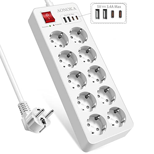 Ciabatta Multipresa Con Usb, Multipresa Ciabatta 10 Posti Con Protezione Contro Le Sovratensioni 16A/4000W, Ciabatta Multipresa Con 4 Usb (5 V/3.4A),