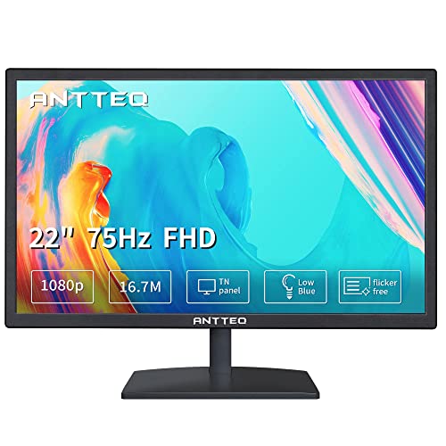 Antteq Monitor Per Computer Aziendale Da 22 Pollici, Monitor Desktop Fhd 1080P 75Hz, Luce Blu Bassa, Comfort Per Gli Occhi, Porte Hdmi Vga, Monitor Pc