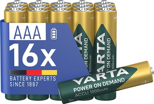 Varta Pile Aaa, Ricaricabili, Confezione Da 16, Recharge Accu Power On Demand, Batteria Ricaricabile, 1000 Mah Ni-Mh, Senza Effetto Memory, Precaricat
