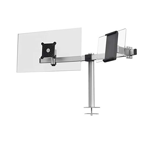 Durable Braccio Porta Monitor Pro Per 1 Monitor Da 21-27” E 1 Tablet Da 7-13”, Perno Per Foro Passacavo, Ruotabile Di 360°, Inclinabile, Regolabile In