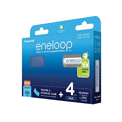 Panasonic Eneloop, Aaa/Micro Batterie Ricaricabili, Ready-To-Use, Confezione 4 Con Custodia Blu, Capacità Aumentata A Min. 800 Mah, 2100 Cicli Di Cari