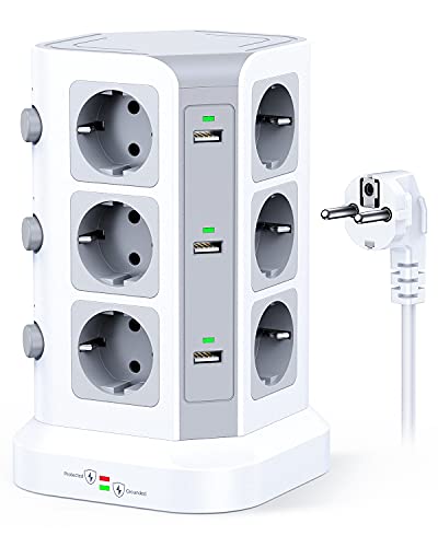 Koosla Multipresa Protezione Sovratensione(4000W/16A), Ciabatta Multipresa Verticale Con 12 Prese E 6 Slot Usb-A, Torretta Multipresa Con 3 Interrutto