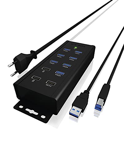 Icy Box 7-Port Usb 3.0 Hub Attivo Con Alimentatore (12V/5A), 3 Porte Di Ricarica, Montaggio A Parete, Quick Charge 3.0, Alluminio, Ib-Hub1703-Qc3