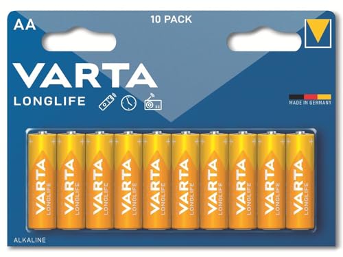 Varta 4106101461 Longlife Batteria Alcalina, Stilo Aa Lr06, Confezione Da 10 Pile Confezione Risparmio - Il Design Può Variare