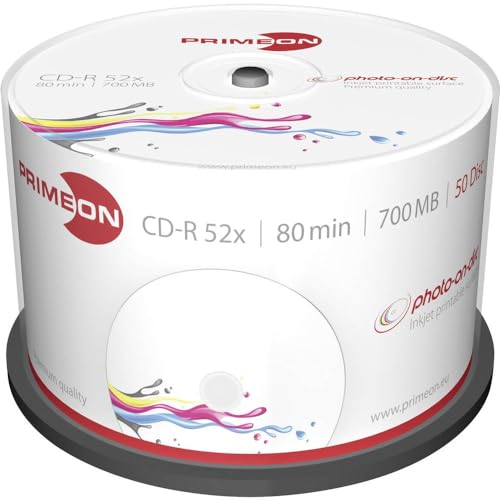 Primeon Cd-R 80 Min/700 Mb/52X Cakebox (50 Dischi), Superficie Fotografica On-Disco, Stampa A Getto D'Inchiostro