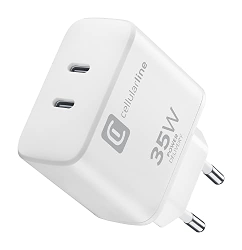 Cellularline | Dual Charger 35W | Caricabatterie Da Rete Power Delivery 35W Con Doppia Porta Usb-C - Carica Contemporaneamente Fino A 2 Dispositivi Ap