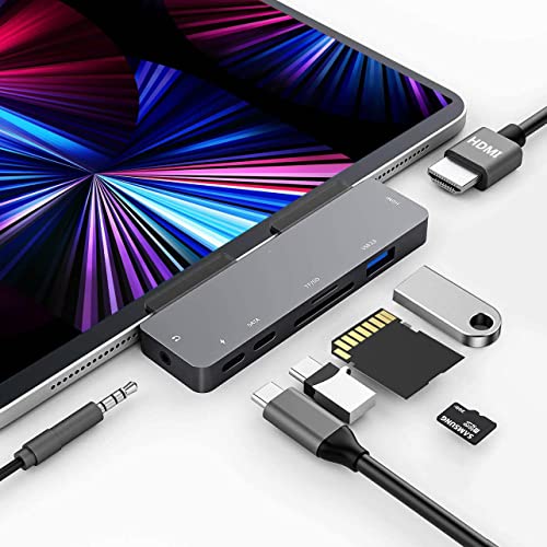 Adattatore Per Ipad Pro Hub Usb C Per Ipad Pro 11 12.9 M2 M1 2022-2018, Hub Usb C 7In1 Con Hdmi 4K, Jack Da 3,5 Mm, Usb3.0, Pd 60W, Sd/Tf, Dati Usb-C,