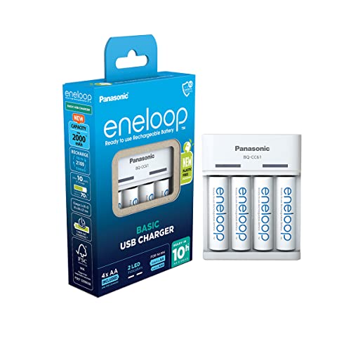 Panasonic Eneloop Caricabatterie Basic Usb, Per 2 O 4 Batterie Aa/Aaa Ni-Mh, Con 6 Funzioni Di Sicurezza Micro Usb, Include 4 Eneloop Aa, Capacità Aum