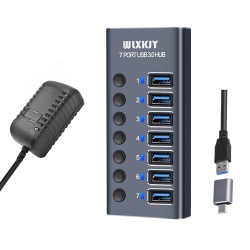 Wlxkjy Hub Usb 3.0 In Alluminio, Hub Usb Attivo - 7 Porte Usb 3.0 Superspeed, Interruttori Individuali E Alimentatore Da 36 W (12 V/3 A) Per Macbook/M