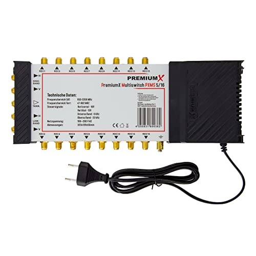 Premium X Pxms Multiswitch 5/16 Con Alimentatore - Distributore Di Segnali Satellitari Per 16 Utenti - Supporta Digital Hdtv Fullhd 4K Uhd 8K