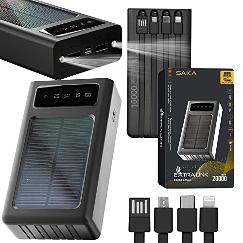 Power Bank Solare Epb-092 20000Mah Caricabatteria Portatile Per Cellulare, Nero, Torcia Led, Quattro Cavi Integrati Per Diversi Tipi Di Connettori, Pa