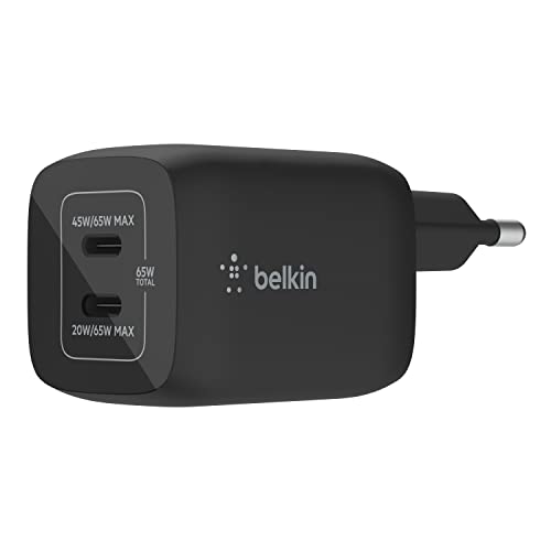 Belkin Doppio Caricabatteria Da Parete Usb-C Da 65 W, Ricarica Rapida Pd 3.0, Caricatore Usb C Con Tecnologia Gan Per Iphone 15, 14, 13, 12, Pro, Pro