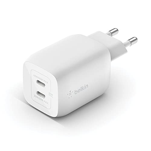 Belkin Doppio Caricabatteria Da Parete Usb-C Da 65 W, Ricarica Rapida Pd 3.0, Caricatore Usb C Con Tecnologia Gan Per Iphone 15, 14, 13, 12, Pro, Pro
