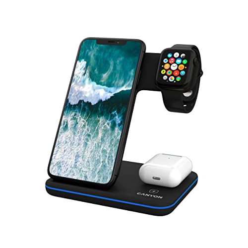 Canyon Caricatore Wireless 3 In 1 Base Ricarica Iphone Apple Watch Airpods Stazione Ricarica Apple Compatibile Con Dispositivi Qi Adattatore 18W, Cont