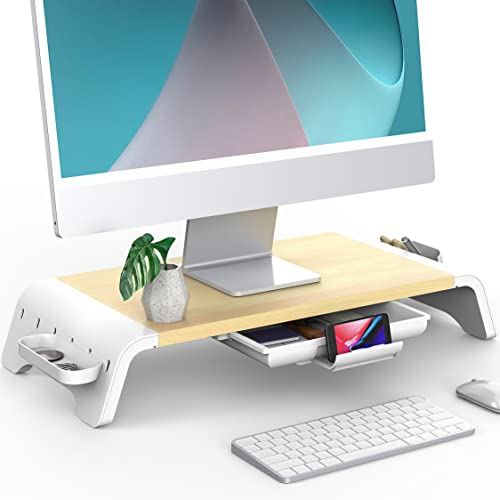 Fenge Supporto Monitor Supporto Per Monitor In Legno Con Cassetto, Supporto Per Telefono E Scatole Di Stoccaggio Mobili L52Xw23,5Xh8,9Cm Colore Querci