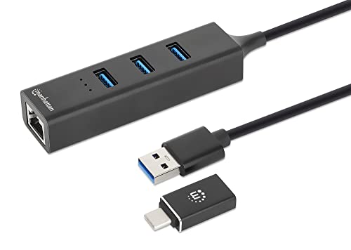 Manhattan 180894 Hub Usb 3.0 3 Porte Combo Type-C/A Con Adattatore Di Rete Gigabit Nero