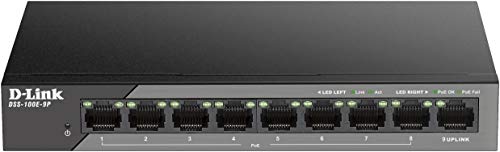 D-Link Dss-100E-9P Switch Di Sorveglianza Non Gestito A 9 Porte, Supporta 8 Porte Poe A Lungo Raggio Fino A 250 Metri Da 92 W, Uplink Gigabit, Protezi