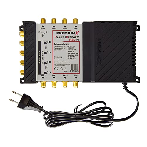 Premium X Pxms Multiswitch 9/8 Con Alimentatore - 2 Posizioni Satellitari Su 8 Uscite - Supporta Digital Hdtv Fullhd 4K Uhd 8K Compatibile