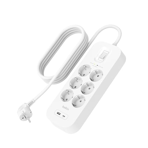 Belkin Multipresa Montabile A Parete Con 6 Prese Ca Protette, Cavo Di Alimentazione Da 2 M, Led Di Stato, Porte Usb-C E Usb-A, Ricarica Rapida Usb-C P