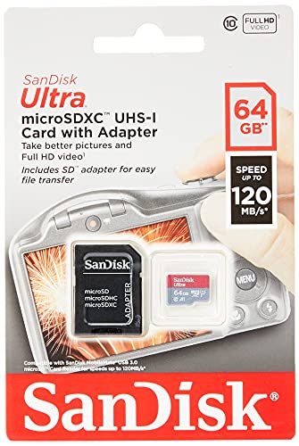 Sandisk Ultra 64Gb Microsdxc Memory Card + Sd Adapter With A1 App Performance Up To 120Mb/S, Class 10, Uhs-I