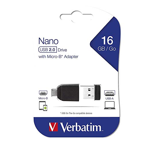 Verbatim Nano Chiavetta Usb 16 Gb, Usb 2.0 Con Microusb, Velocità Lettura 10 Mb/S, Velocità Scrittura 3 Mb/S, Nero