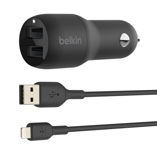 Belkin Doppio Caricabatteria Da Auto Usb Da 24 W + Cavo Lightning (Caricabatteria Con 2 Porte Usb Boost Charge Per Iphone 14/14 Plus, 14 Pro, 14 Pro M
