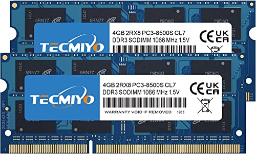 Tecmiyo 8Gb Kit (2X4Gb) Pc3-8500 Ddr3 1066Mhz Sodimm Ram Modules Pc3-8500S 2Rx8 1.5V Cl7 Non-Ecc Unbuffered 204 Pin Memory