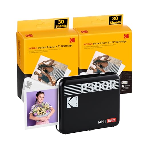 Kodak Mini 3 Retro 4Pass Stampante Fotografica Portatile (7,6X7,6Cm) + Pacchetto Con 68 Fogli, Nero
