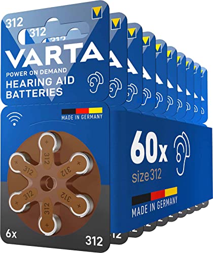 Varta Batterie Per Apparecchi Acustici Tipo 312, 60 Pezzi, Marrone, Pile Power On Demand, Confezione Economica, Per Amplificatore Acustico, Made In Ge