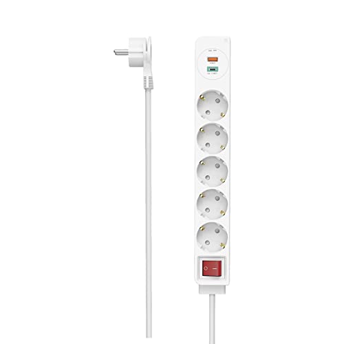 Hama - Multipresa 5 Posizioni Schuko, Spina Schuko, Cavo 1.4 Metri, Bianco, Con Switch On/Off, 1 Presa Usb A, 1 Presa Usb Type C, Power Delivery/Quick