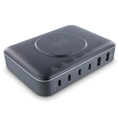 Inline Qi Powerstation A 6 Porte, Wireless Charger, 4 X Usb-C, 2 X Usb-A, Gan, 100 W, Caricatore Rapido, Alimentatore Per Macbook Pro/Air, Iphone/Pro/